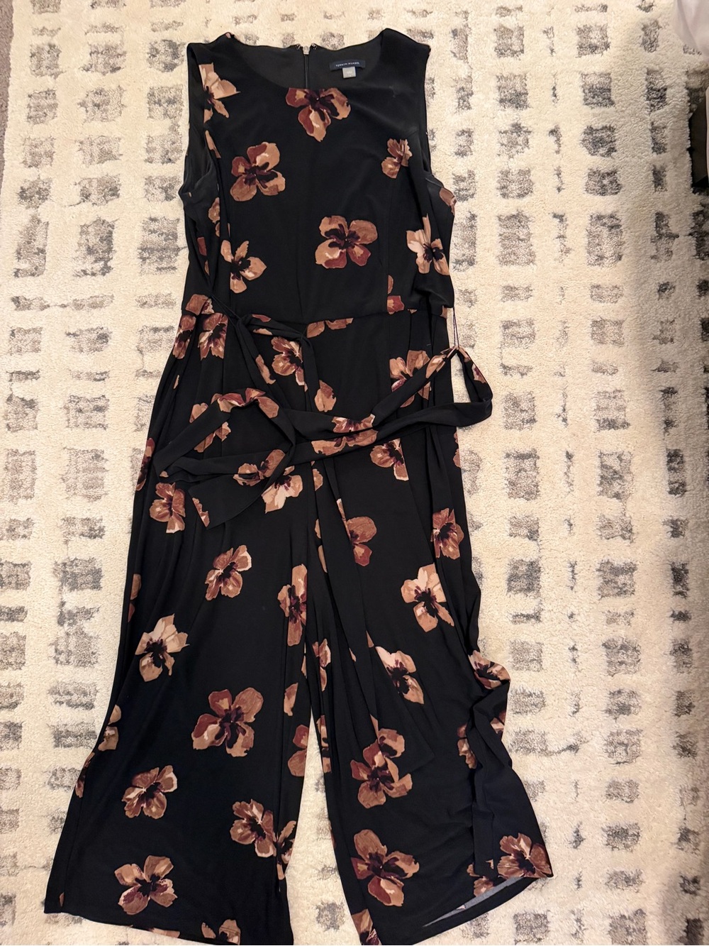 Tommy Hilfiger Women's Black Pink Floral Sleeveless Wide-Leg Belted Jumpsuit 14